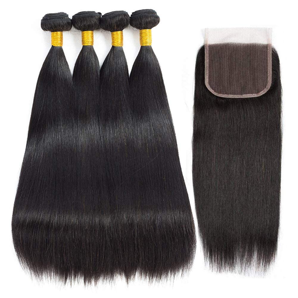 Fashion Plus Straight Hair Bundles with Closure (12 14 16+10 Inch,Free Part) 10A 100% Unprocessed Brazilian Virgin Remy Straight Human Hair 3 Bundles with 4X4 Lace Closure Natural Black