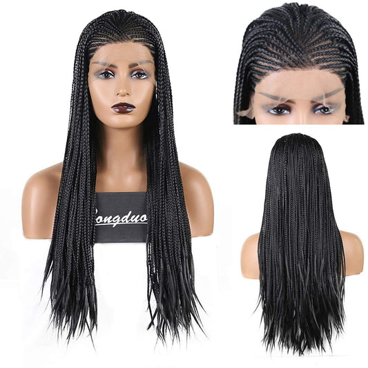 RONGDUOYI RDY Long Black Braiding Hair Synthetic Lace Front Wigs for Women Micro Braided Box Braids Wig with Side Part Natural Looking Replacement Wig(18Inches,180% Density,#1B)