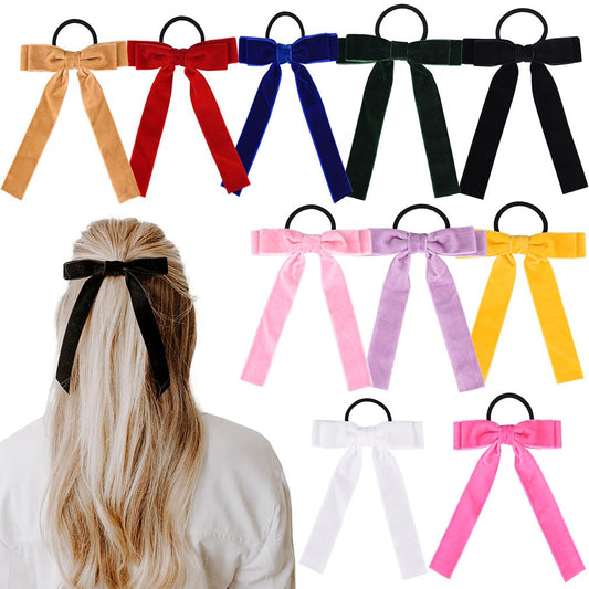 10Pcs Bow Hair Tie Velvet Elastics Hair Scrunchie Bobbles Hair Bands Scrunchy Hair Rope Long Hair Bow Ponytail Holder Accessories for Women Girls