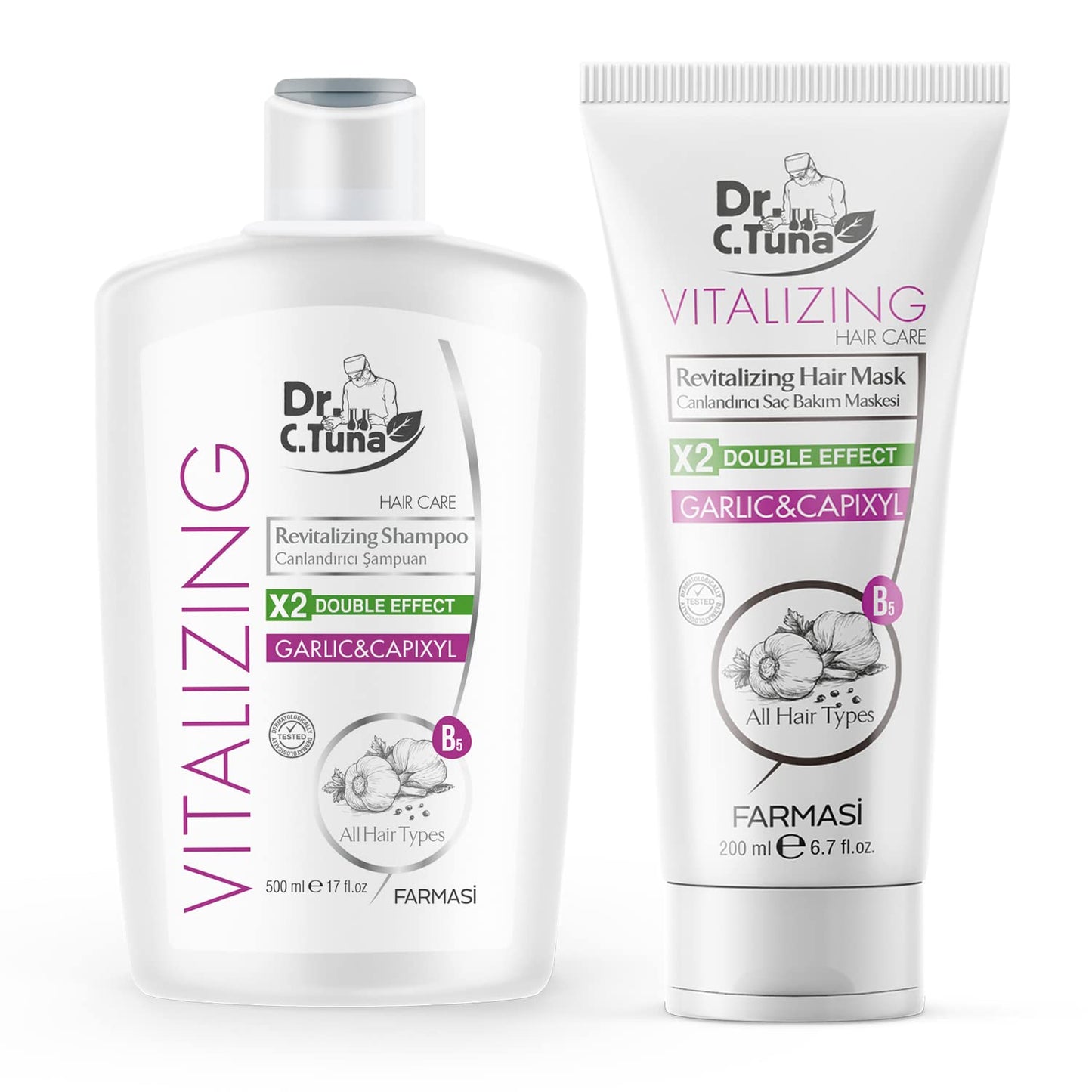 FARMASI Dr. C. Tuna Vitalizing Garlic Shampoo and Hair Mask, Natural Hair Treatment for Hair Growth, Prevents Hair Loss, Stimulates Growth, Relieves Itchy Scalp with Capixyl (Shampoo and Mask)