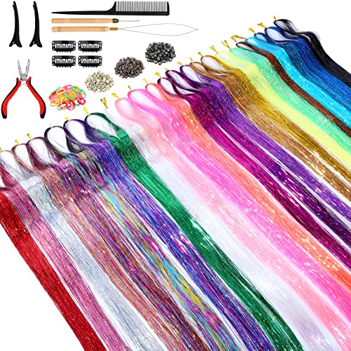 Hair Tinsel Kit (48 Inch, 24 Colors, 6000 strands), Tinsel Hair Extensions with Tools, Heat Resistant Glitter Hair Tinsel Kit for Girls Women Hair Accessories