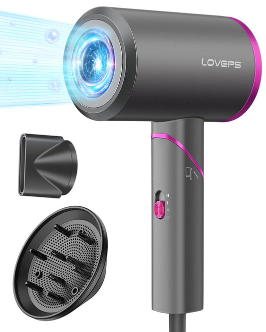 LOVEPS Hair Dryer with Diffuser, 1800W Ionic Travel Blow Dryer, Foldable Handle, Constant Temperature Hair Care Without Hair Damage, Purple