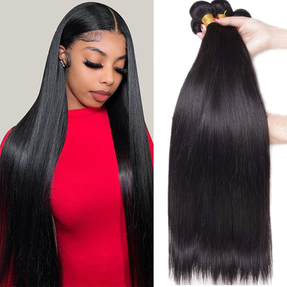 Seekomi 12A Straight Human Hair 4 Bundles 10 12 14 16 inch Brazilian Unprocessed Human Hair Straight 4 Bundles Natural Black Color Double Weft Extension Human Hair 4 Bundles for Black Women