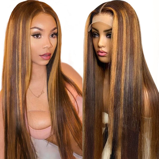 Flady Highlight Ombre Lace Front Wig Human Hair Pre Plucked Glueless HD Lace Frontal Wig 4/27 Straight Wigs Human Hair Ombre Brown Blonde Wig 150Density