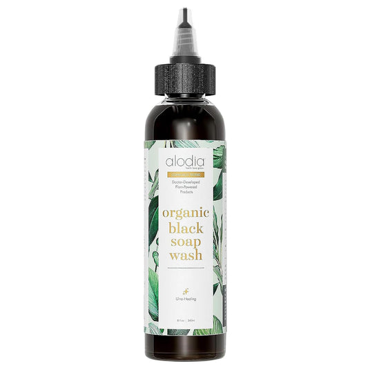 ALODIA Nourish & Heal Raw Organic Black Soap for Dry Scalp & Gentle Hair - Lavender & Spearmint Infused African Liquid Black Soap Wash - Gently Remove Buildup on Scalp & Strands - 8 oz
