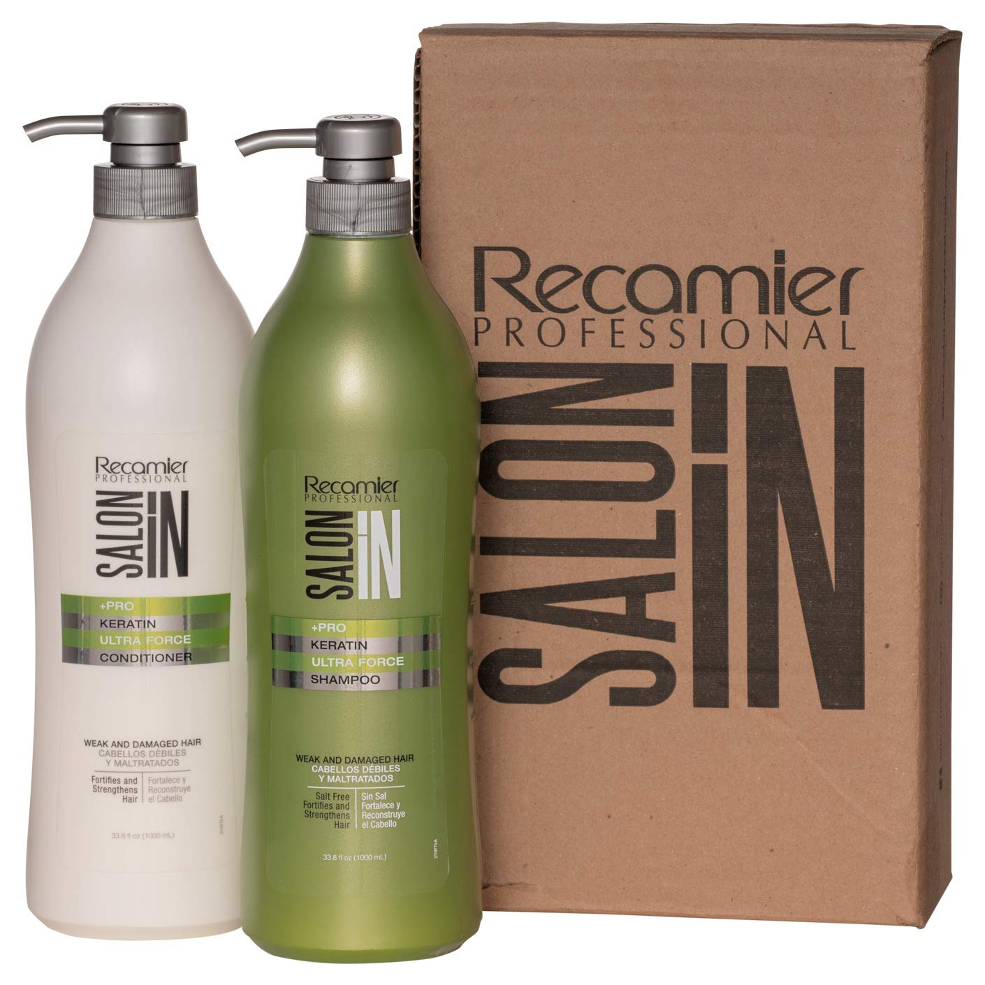 Recamier Saloon In Keratin Ultra Force Shampoo & Conditioner Set Weak & Damaged Hair | SalonIn Champú y Tratamiento Cabellos Débiles y Maltratados Kit 33.8Oz-1000ml