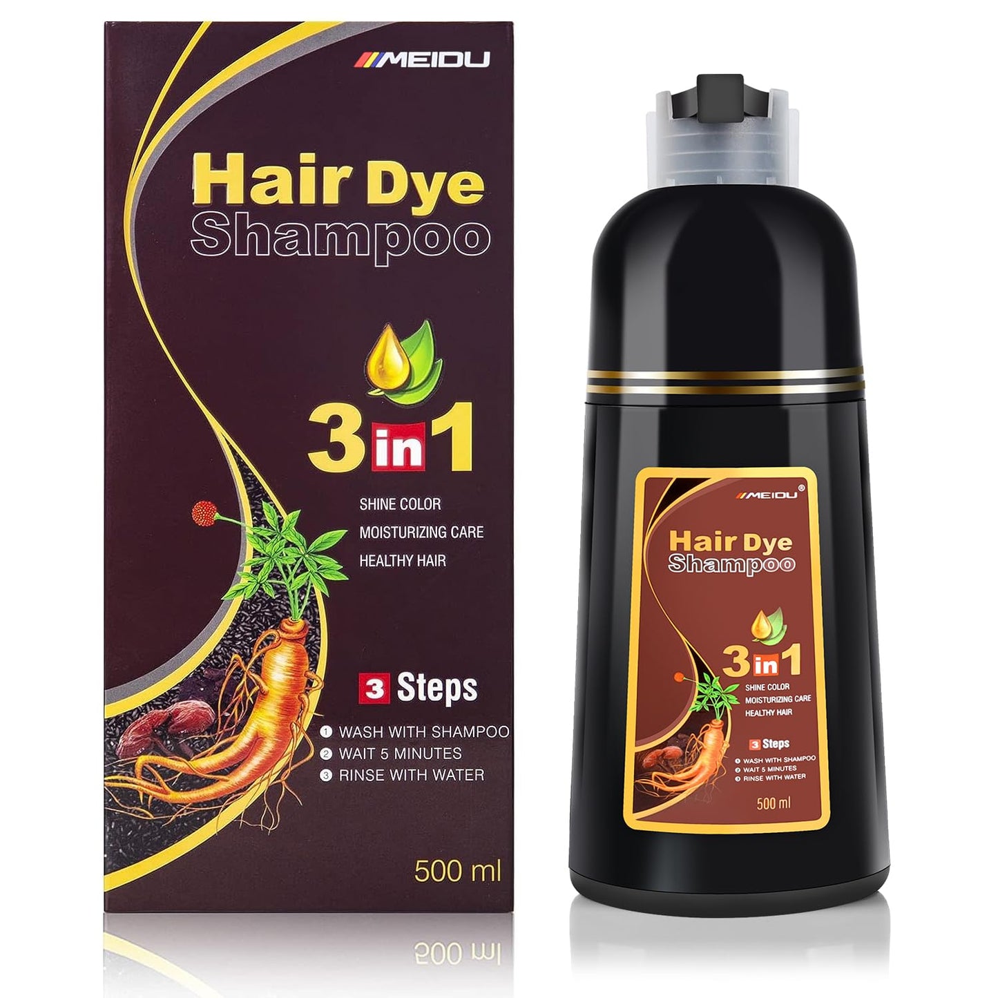 KINGMING Hair Dye Shampoo for Gray Hair 3 in 1 - Champu Con Tinte Para Canas- Herbal Ingredients Instant Color Shampoo Hair Dye for Women & Men 100% Coverage Shampoo 500ml【Chestnut Brown】