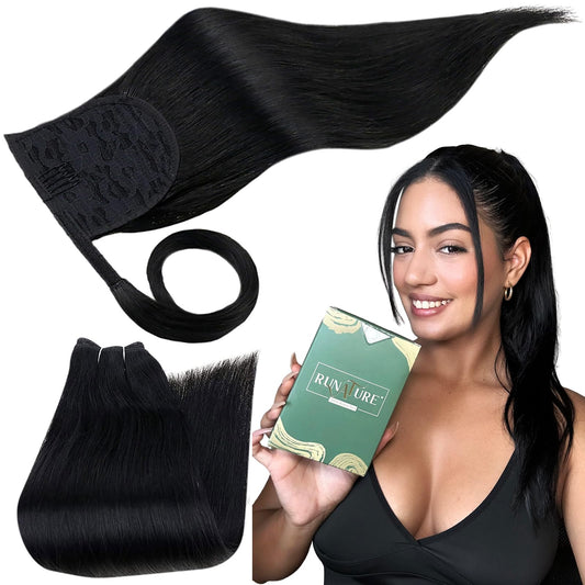 RUNATURE Ponytail Human Hair Extensions 16 Inch 80g Straight Ponytail Hair Extensions for Black Women Real Hair Ponytail Extension Remy Wrap Around Pony Tails Extension Human Hair with Magic Paste