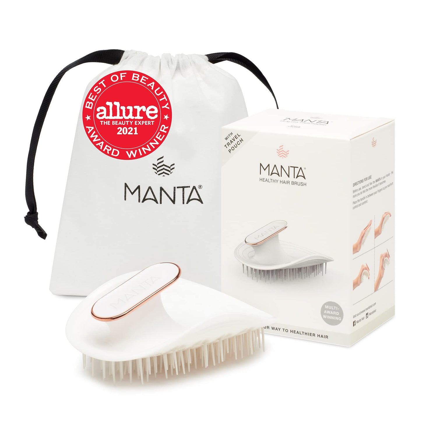 Manta Hair Hairbrush - Fully Flexible Hair Brush - Gentle Brush That Helps Prevent Hair Breakage - Scalp Care Massager and Detangler (White-Rose)