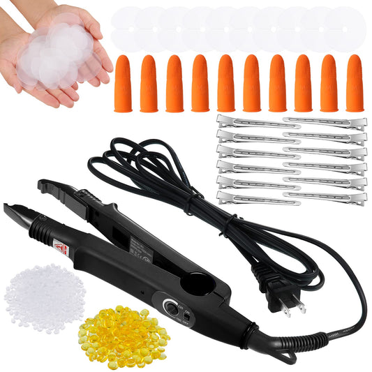 Hair Extensions Tool Set Fusion Heat Iron Connector Wand Hair Extensions Heat Tool with Fusion Glue Protector Templates Hair Clips Finger Protector 2 Bags Keratin Glue Granule Beads(Black,)