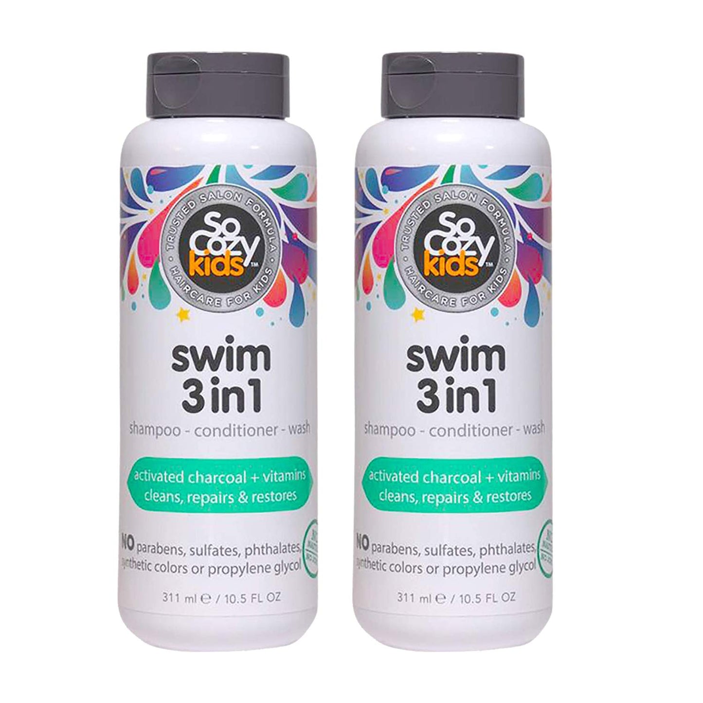 So Cozy Kids Swim 3-in-1 Shampoo, Conditioner & Body Wash - 3-in-1 Combo Pool Shampoo & Conditioner for Swimmers - Salt & Chlorine Removing Activated Charcoal, 10.5 Fl oz (Pack Of 2)