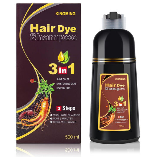 KINGMING Dark Brown Hair Dye Shampoo 3 in 1 for Grey Hair, Natural Hair Dye for Gray Hair Coverage, Hair Color Shampoo for Color Treated Hair, Champu Para Canas for Women Men 500ml (Dark Brown)