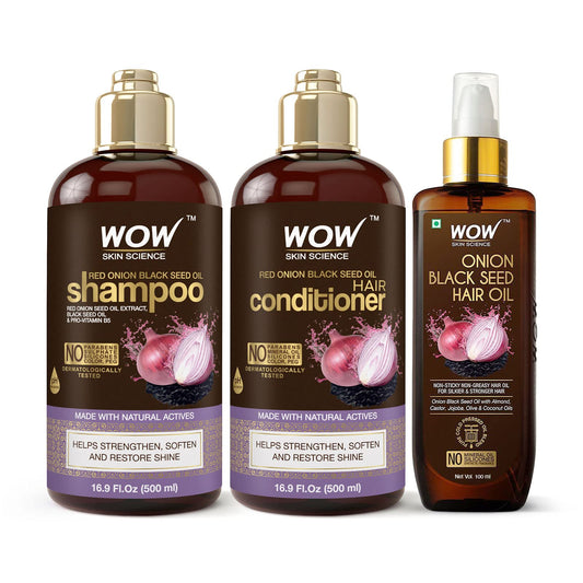 WOW Skin Science Onion Black Seed Oil Shampoo & Conditioner Set with Hair Oil for Strong, Soft Hair & Shine – Hair Treatment for Dry Damaged Hair for All Hair Types, Sulfate, Paraben, Silicone Free