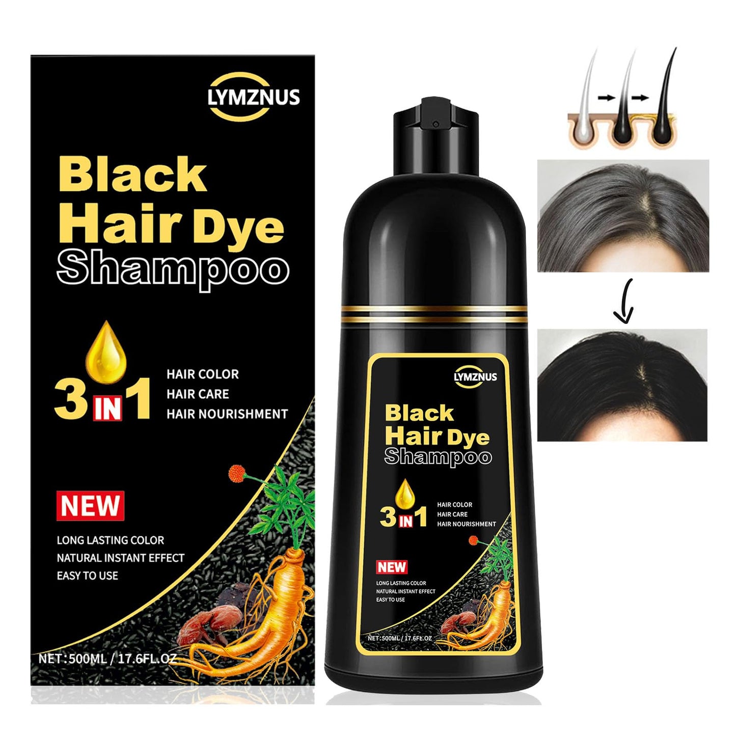lymznus Herbal Black Hair Dye 3 in 1 - Black Hair Dye Shampoo for Gray Hair, Instant Black Hair Shampoo for Women & Men, 100% Grey Coverage, Black Hair Color Shampoo 500ML