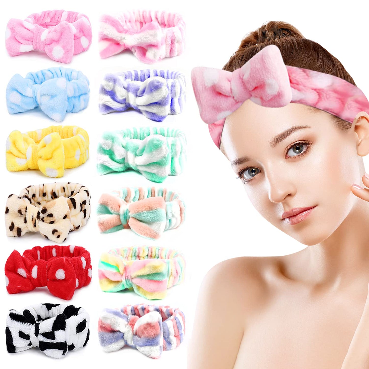 12pcs Spa Headbands, Coral Fleece Makeup Headband Cosmetic Headband, Lovely Face Washing Headband Shower Headbands Headwraps, Soft Bowknot Spa Hair Band Spa Birthday Party Supplies for Girls Women
