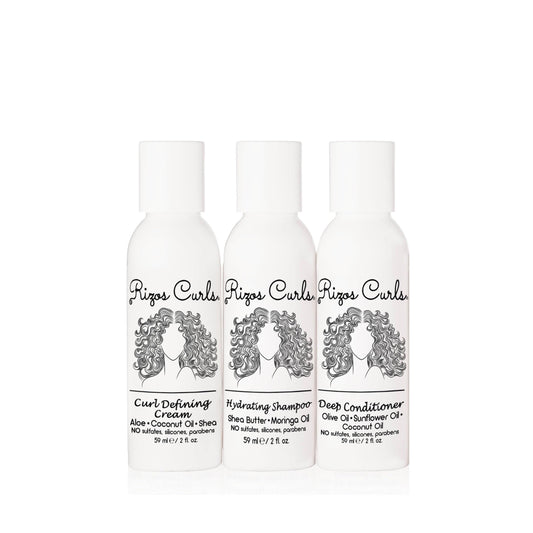 Rizos Curls Trio Travel Kit, Travel Hydrating Shampoo & Deep Conditioner & Curl Cream Bundle, Gently Cleanse and Hydrate, Style & Define Curls for Frizz Free Volume