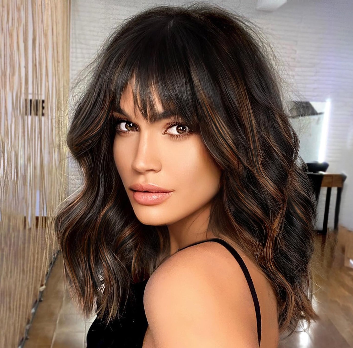 Nnzes Short Wavy Wig with Bangs Black Mixed Brown Bob Wavy Synthetic Wig for Women Natural Looking Heat Resistant Fiber Hair