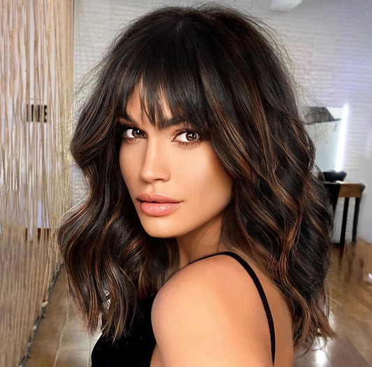 Nnzes Short Wavy Wig with Bangs Black Mixed Brown Bob Wavy Synthetic Wig for Women Natural Looking Heat Resistant Fiber Hair