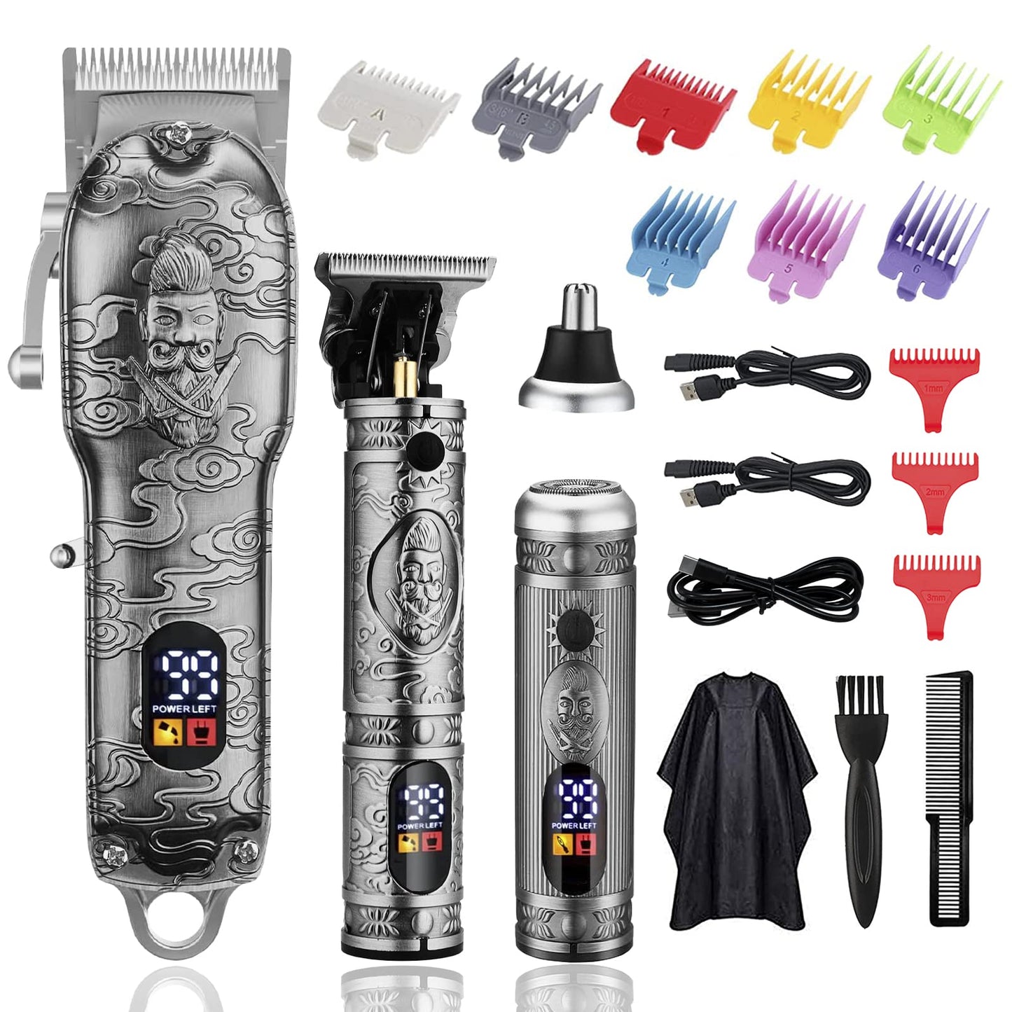 Soonsell Hair Clippers for Man T-Blade Trimmer, Man Professional Cordless Barber Clippers Set Blade Close Cutting Beard Trimmer，Nose Hair Trimmer LCD Display(Silver