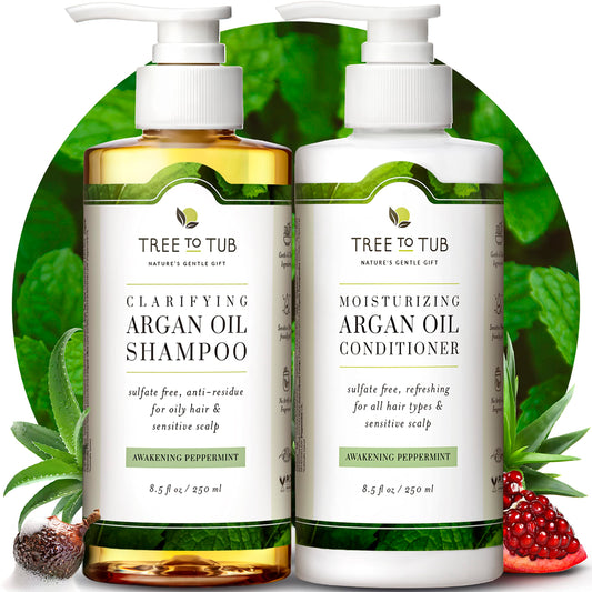 Tree To Tub Sulfate Free Shampoo and Conditioner Set for Oily Hair, Frizz, Sensitive Scalp - Hydrating Argan Oil Shampoo and Conditioner for Women & Men w/Organic Coconut Oil, All Natural Peppermint
