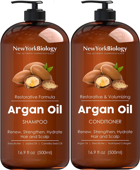 New York Biology Moroccan Argan Oil Shampoo and Conditioner Set - Moisturizing and Volumizing for All Hair Types and Color Treated Hair, Men and Women - with Keratin - 16.9 Fl Oz
