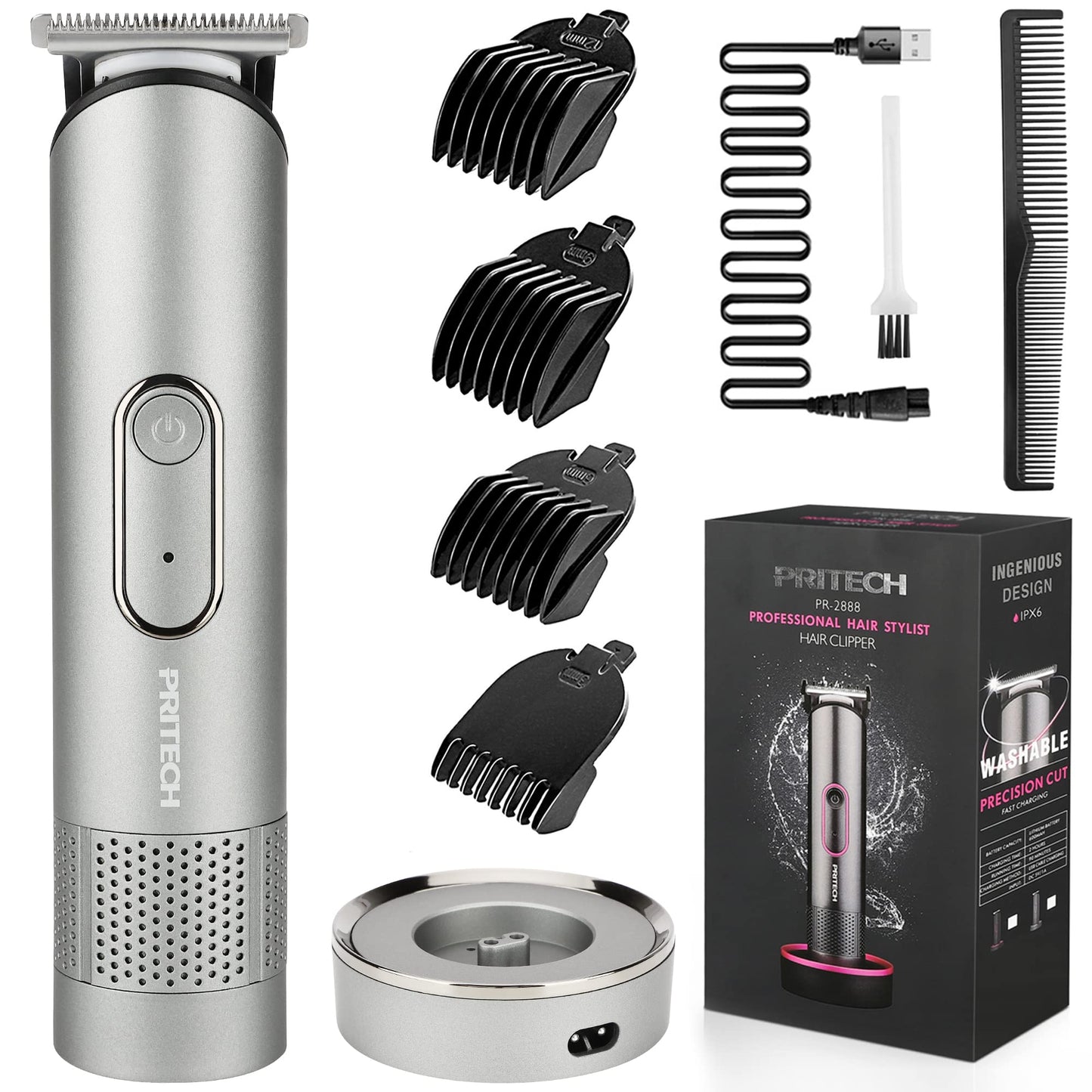 PRITECH Hair Trimmer for Men, Electric Groin Hair Trimmer, Rechargeable Hair Clippers, Cordless Men's Beard Trimmer, Waterproof Body Trimmer with Standing Recharge Dock, Nebula Gray