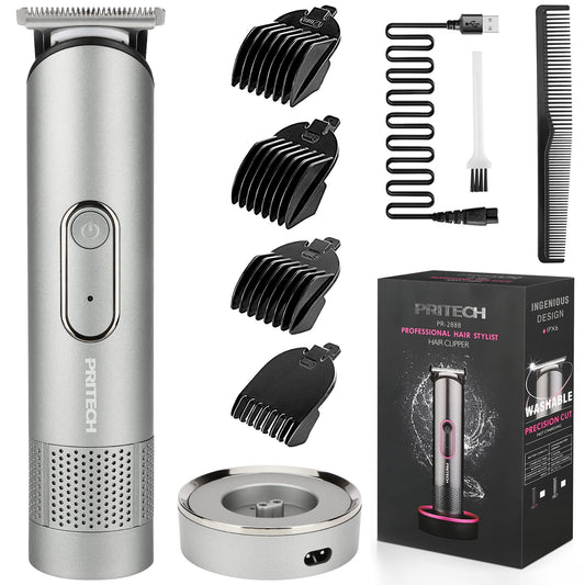 PRITECH Hair Trimmer for Men, Electric Groin Hair Trimmer, Rechargeable Hair Clippers, Cordless Men's Beard Trimmer, Waterproof Body Trimmer with Standing Recharge Dock, Nebula Gray
