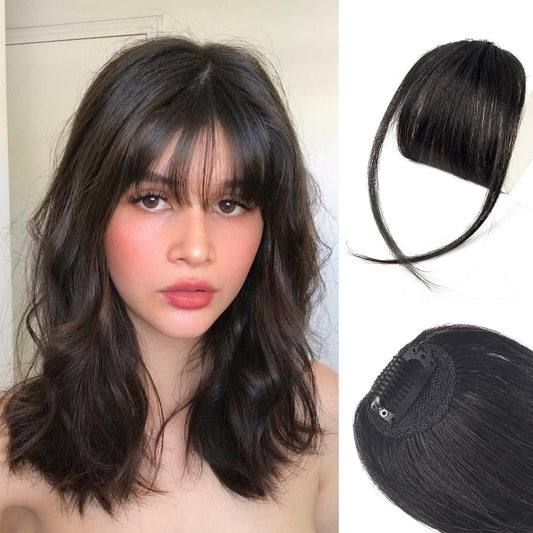 Clip in Bangs,Dowugie Bangs Hair Clip Real Human Hair Fake Bangs Clip in Hair Extensions Wispy Bangs with Hairpieces for Women,Curved Air Bangs Clip on Bangs for Daily Wear(Brown Black)