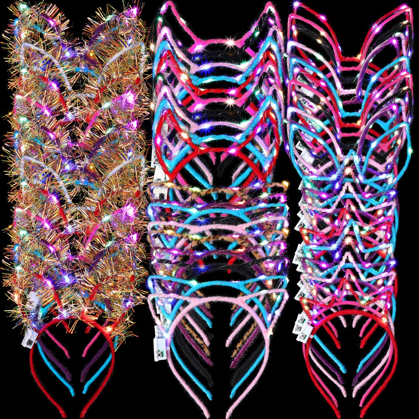 Jerify 100 Pcs LED Cat Ears Headband Bulk Light up Headband Cat Bunny Ear Horn Crown Headbands Cute Colorful Luminous Hairbands Glow Hair Accessories for Women Girls Christmas Birthday Party Supplies