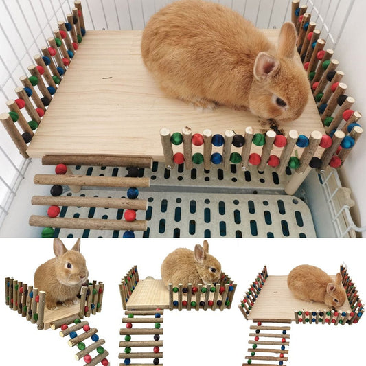 AURORA TRADE Hamster Platform Colorful Beads Natural Wood Two Layers Pedal Stand Ladder Fence Rabbit Climbing Toy Cage Accessories
