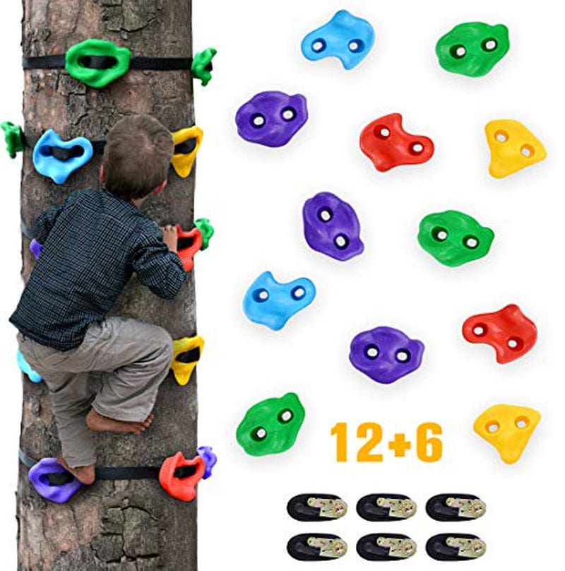 TOPNEW 12 Ninja Tree Climbing Holds for Kids Climber, Adult Climbing Rocks with 6 Ratchet Straps for Outdoor Ninja Warrior Obstacle Course Training